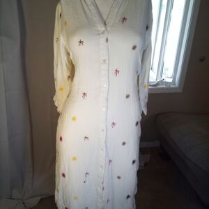 Michael Kors Cream Midi Dress with Multicolor Embroidery